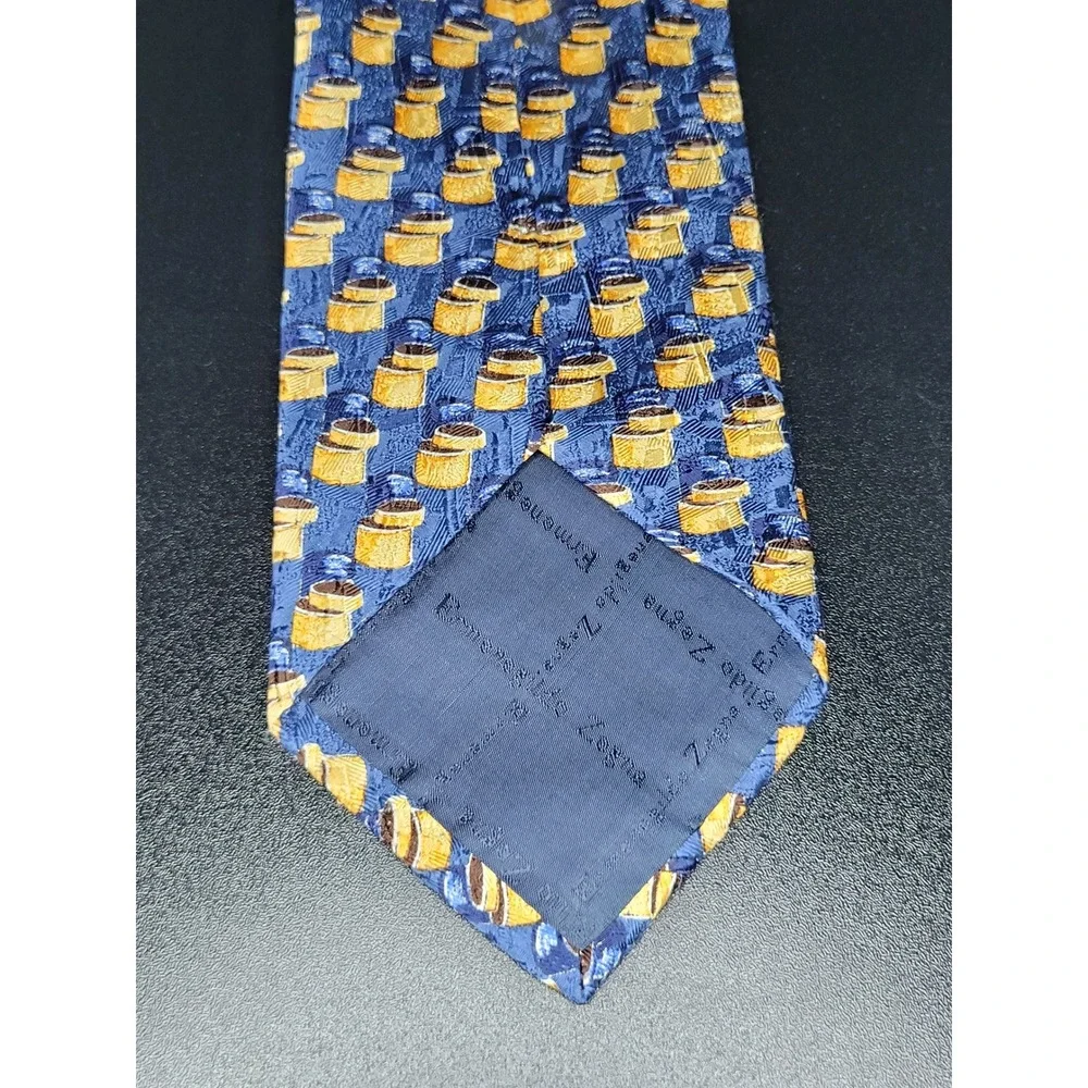 Ermenegildo Zegna Men's Necktie Blue Gold Top Hat Silk 3.75 x 58 Good